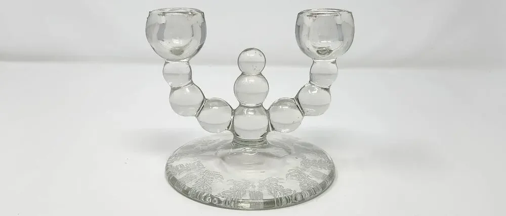 Vintage Double Candlestick Holder | Paden City Glass Co | Etched Floral Base